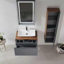 Meuble vasque blanc suspendu 80 cm décor bois foncé et anthracite 2 tiroirs RIA