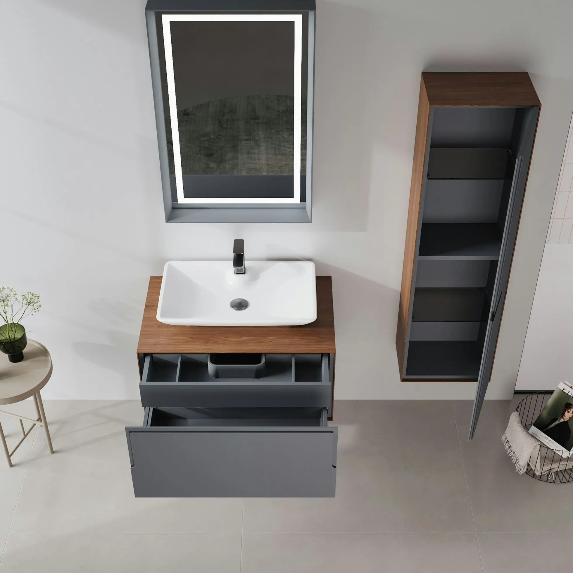 Meuble vasque blanc suspendu 80 cm décor bois foncé et anthracite 2 tiroirs RIA