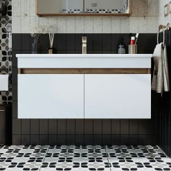 Meuble vasque 100 cm suspendu décor pin et blanc 2 portes AQUO