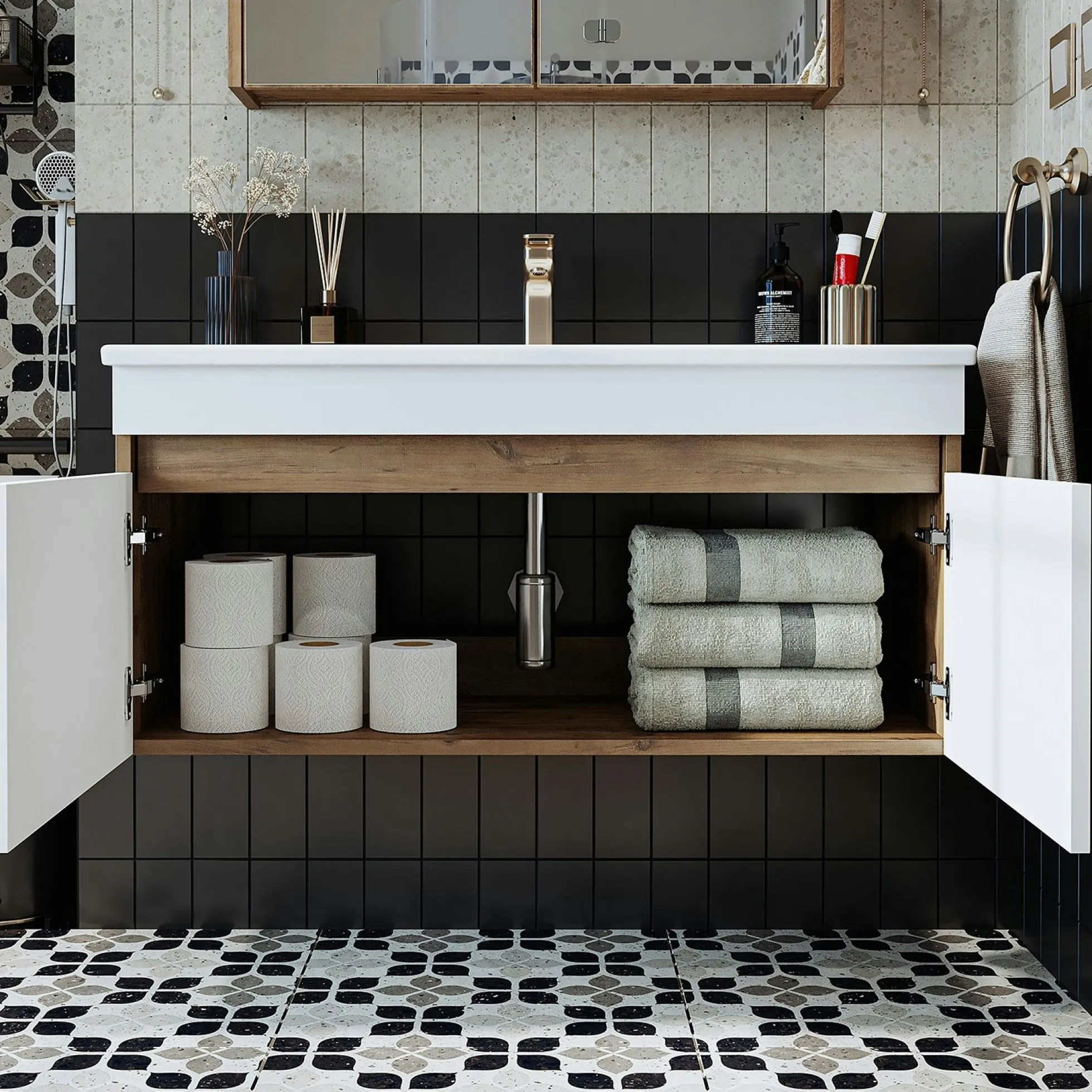 Meuble vasque 100 cm suspendu décor pin et blanc 2 portes AQUO