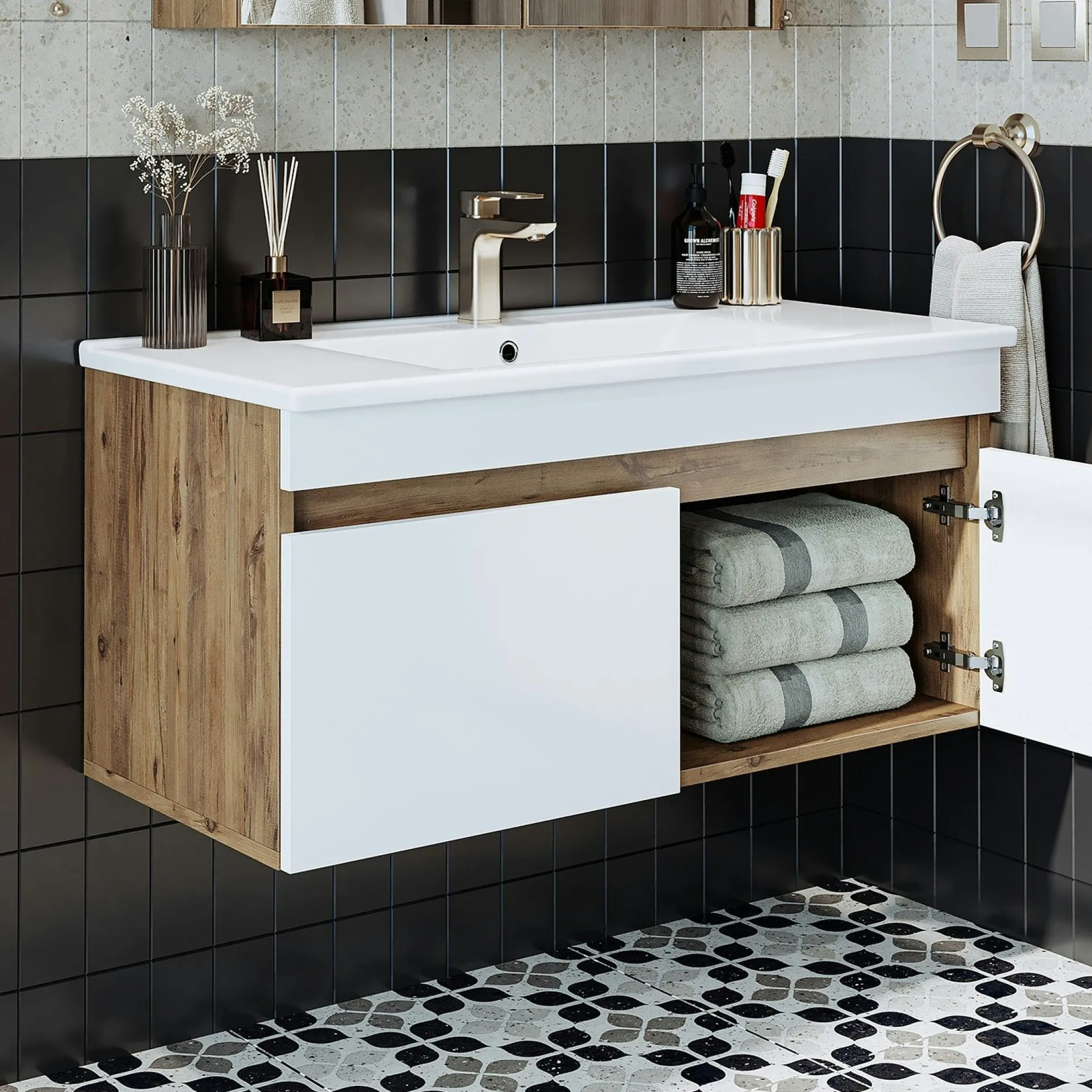 Meuble vasque 100 cm suspendu décor pin et blanc 2 portes AQUO