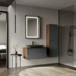 Meuble vasque gris suspendu 80 cm décor bois foncé et anthracite 2 tiroirs RIA