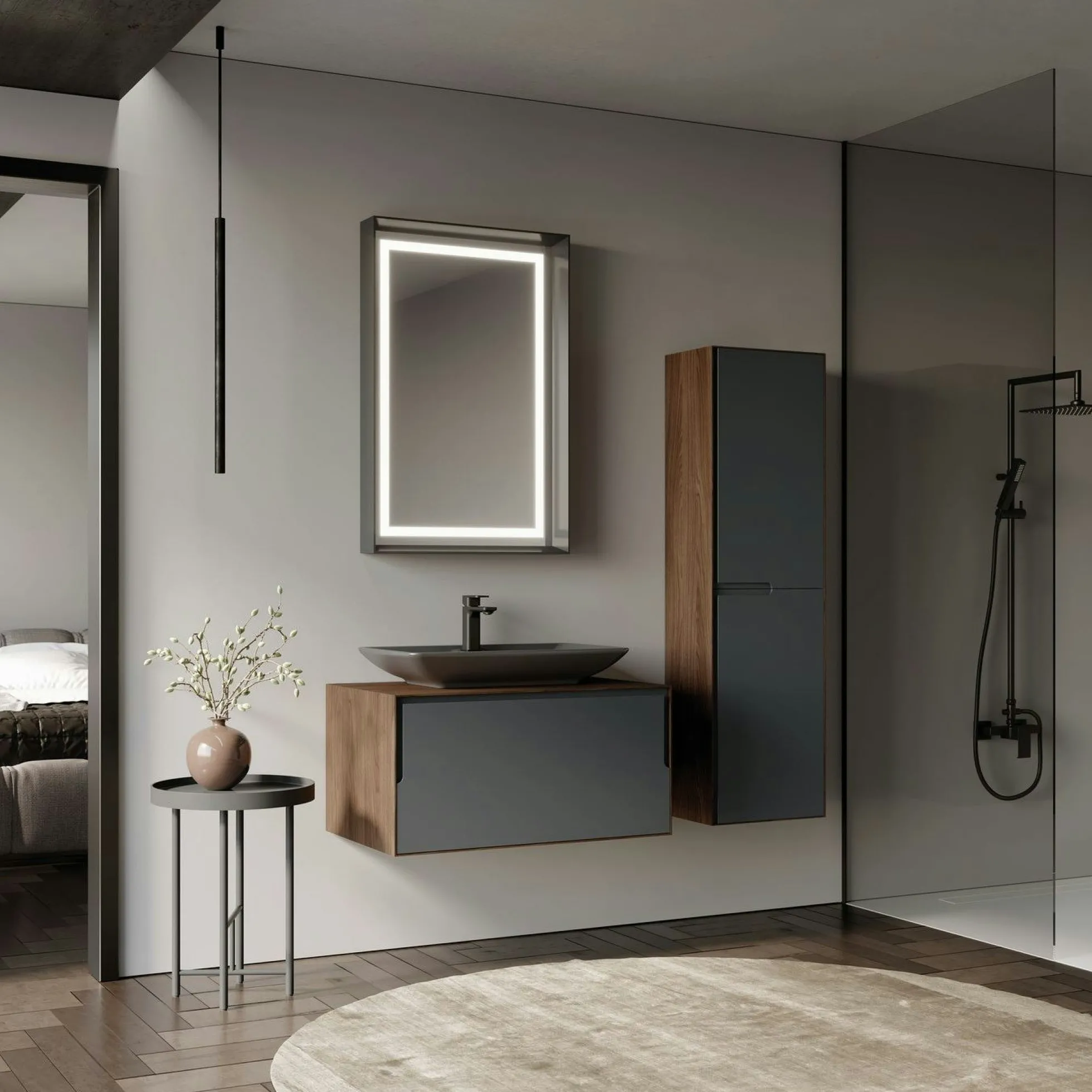 Meuble vasque gris suspendu 80 cm décor bois foncé et anthracite 2 tiroirs RIA