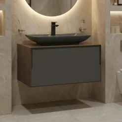 Meuble vasque gris suspendu 80 cm décor bois foncé et anthracite 2 tiroirs RIA