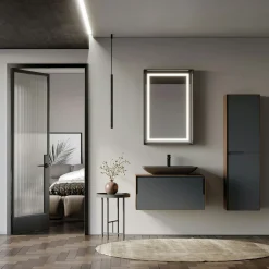 Meuble vasque gris suspendu 80 cm décor bois foncé et anthracite 2 tiroirs RIA