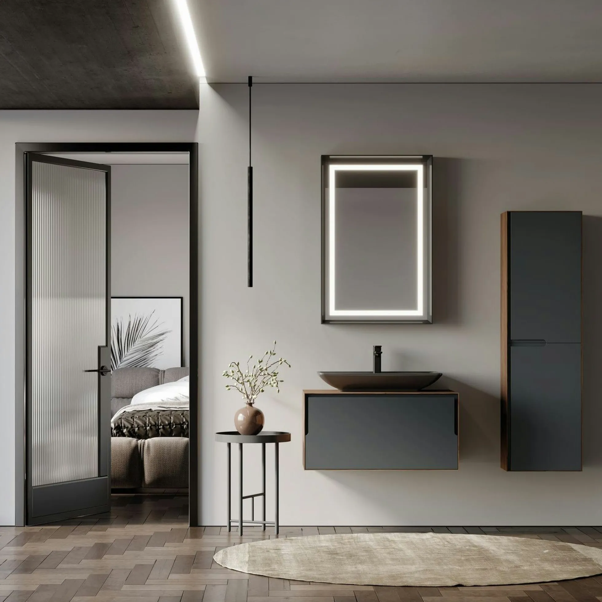 Meuble vasque gris suspendu 80 cm décor bois foncé et anthracite 2 tiroirs RIA