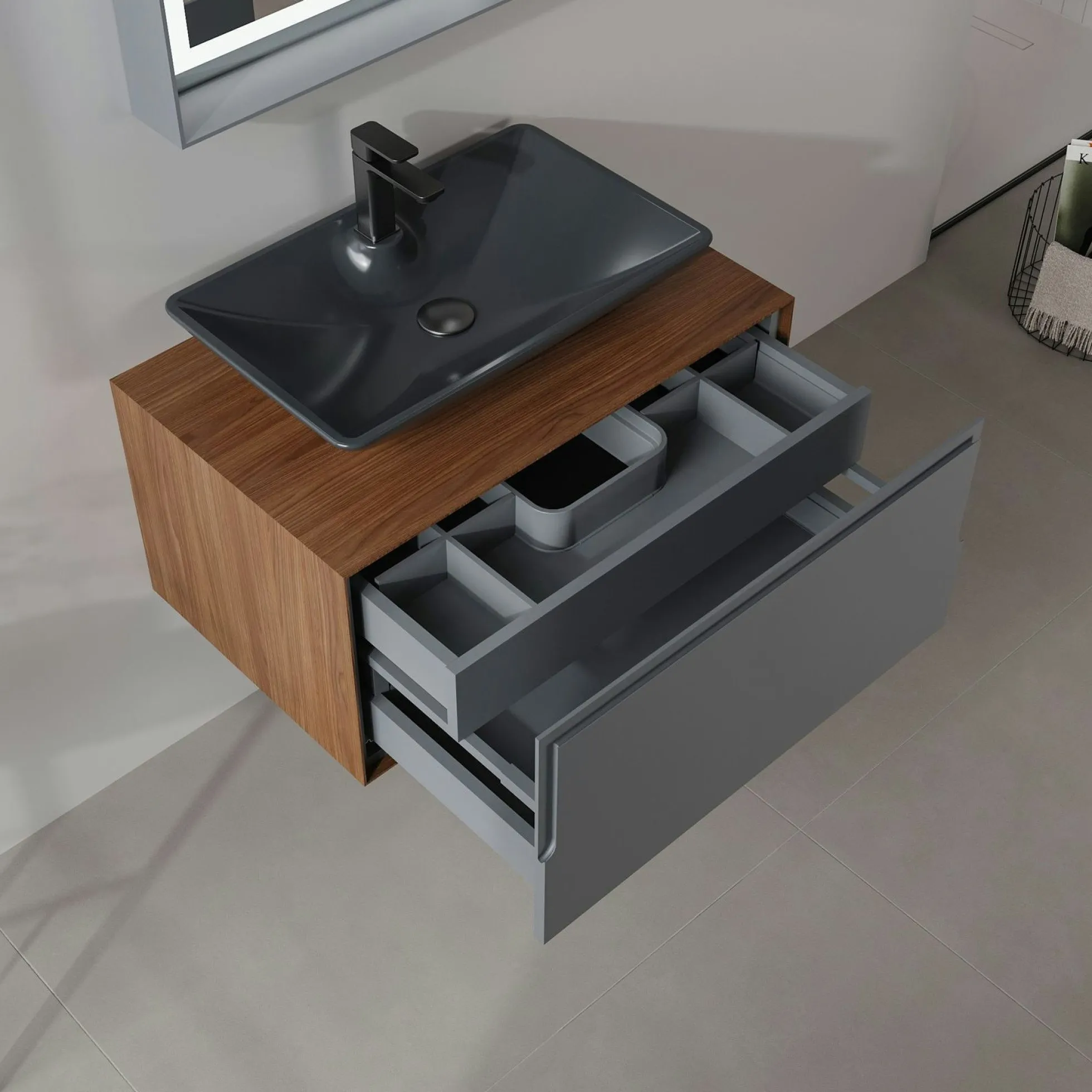 Meuble vasque gris suspendu 80 cm décor bois foncé et anthracite 2 tiroirs RIA