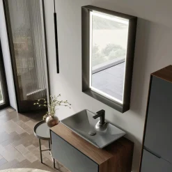 Meuble vasque gris suspendu 80 cm décor bois foncé et anthracite 2 tiroirs RIA