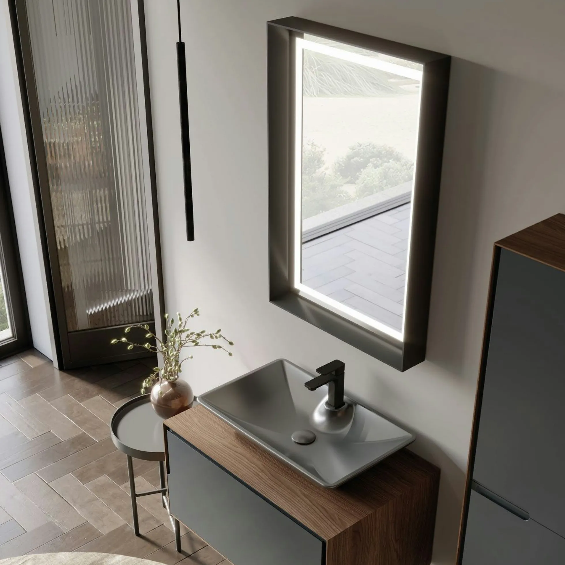 Meuble vasque gris suspendu 80 cm décor bois foncé et anthracite 2 tiroirs RIA