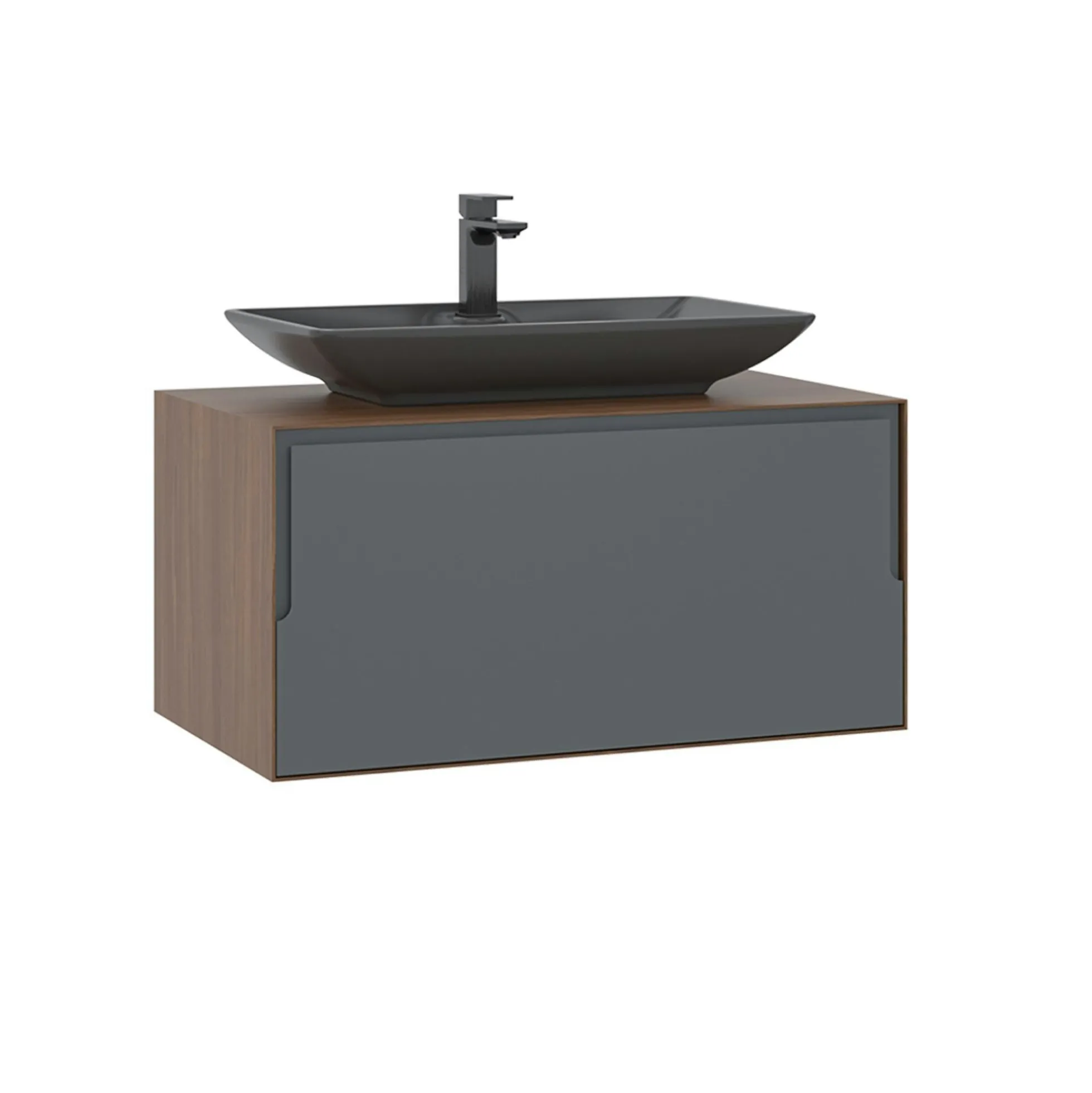 Meuble vasque gris suspendu 80 cm décor bois foncé et anthracite 2 tiroirs RIA