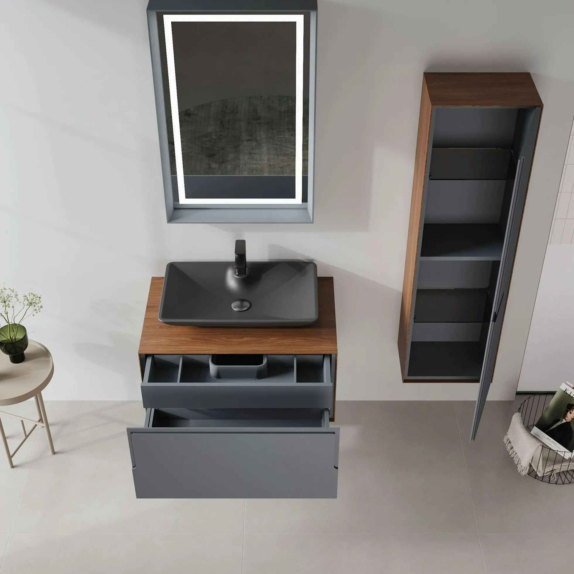Meuble vasque gris suspendu 80 cm décor bois foncé et anthracite 2 tiroirs RIA