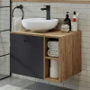 Meuble vasque rond décor pin et gris 1 tiroir RAI