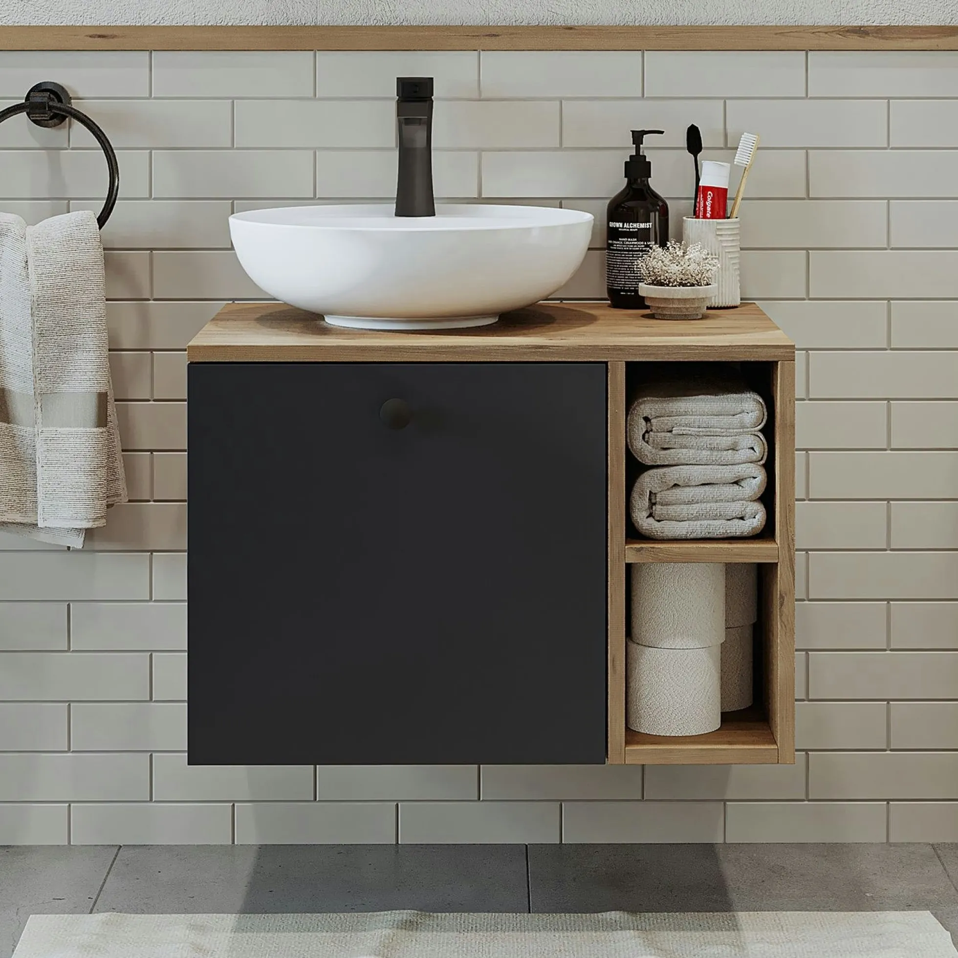 Meuble vasque rond décor pin et gris 1 tiroir RAI