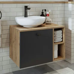 Meuble vasque rond décor pin et gris 1 tiroir RAI