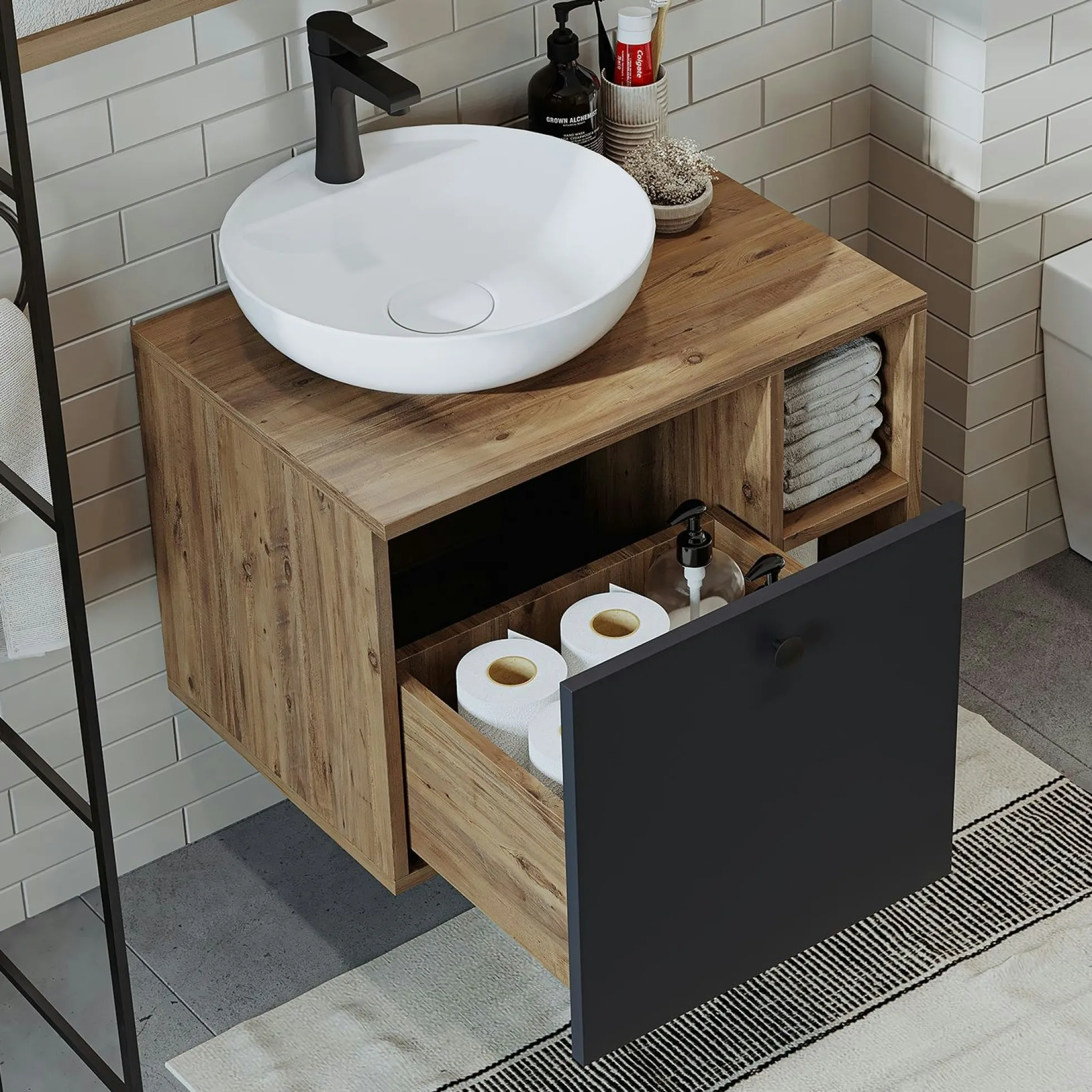 Meuble vasque rond décor pin et gris 1 tiroir RAI