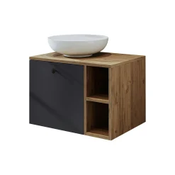 Meuble vasque rond décor pin et gris 1 tiroir RAI