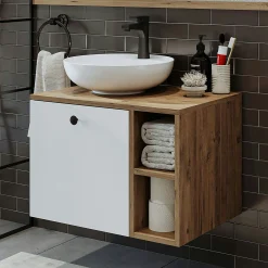 Meuble vasque rond décor pin et blanc 1 tiroir RAI