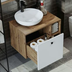 Meuble vasque rond décor pin et blanc 1 tiroir RAI