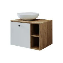 Meuble vasque rond décor pin et blanc 1 tiroir RAI