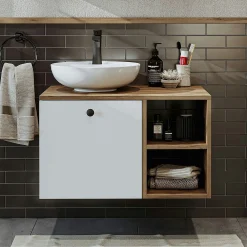 Meuble vasque rond décor pin et blanc 1 tiroir TIMA