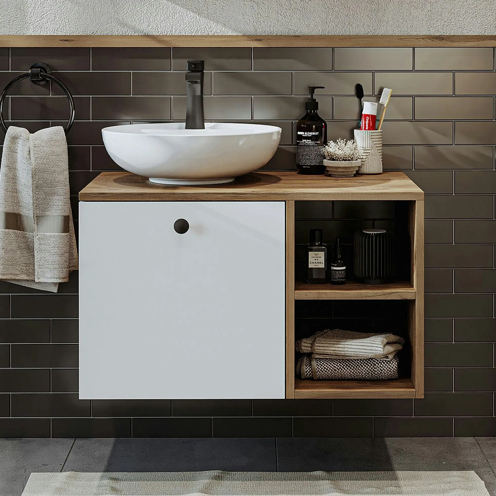 Meuble vasque rond décor pin et blanc 1 tiroir TIMA