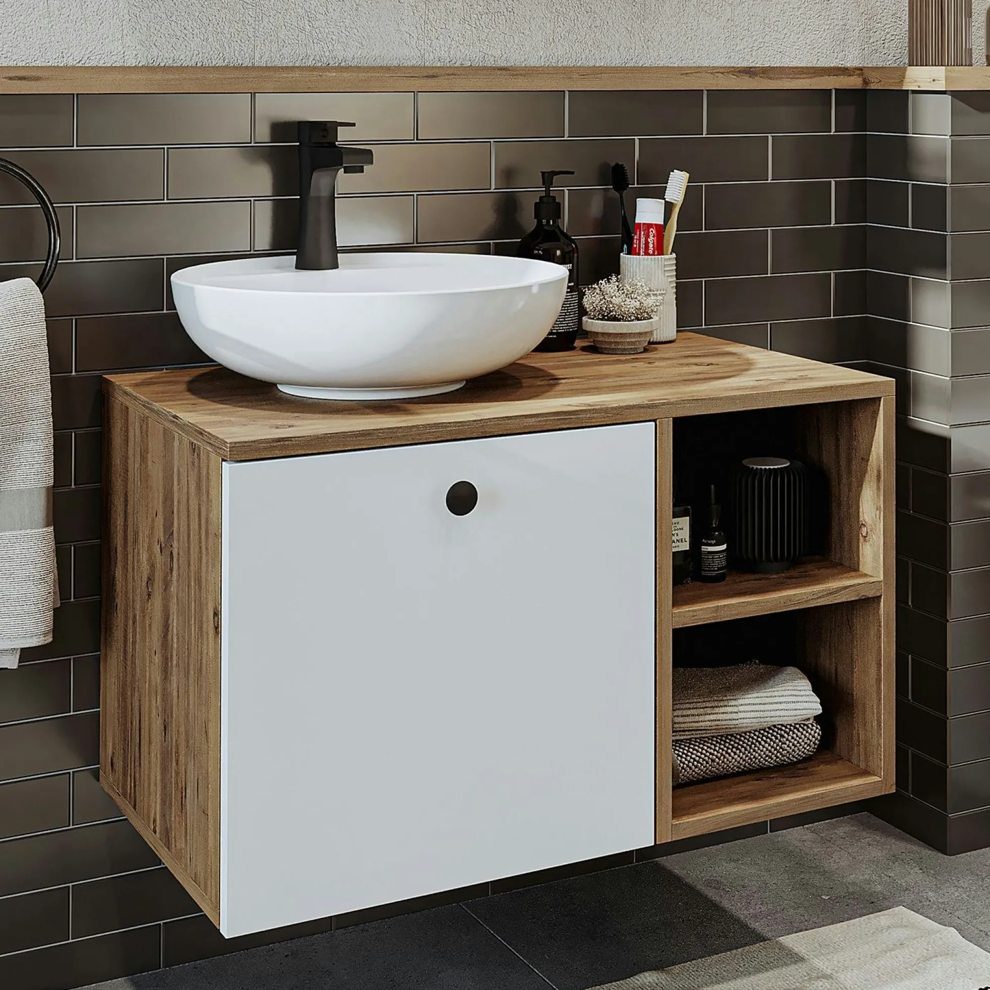 Meuble vasque rond décor pin et blanc 1 tiroir TIMA