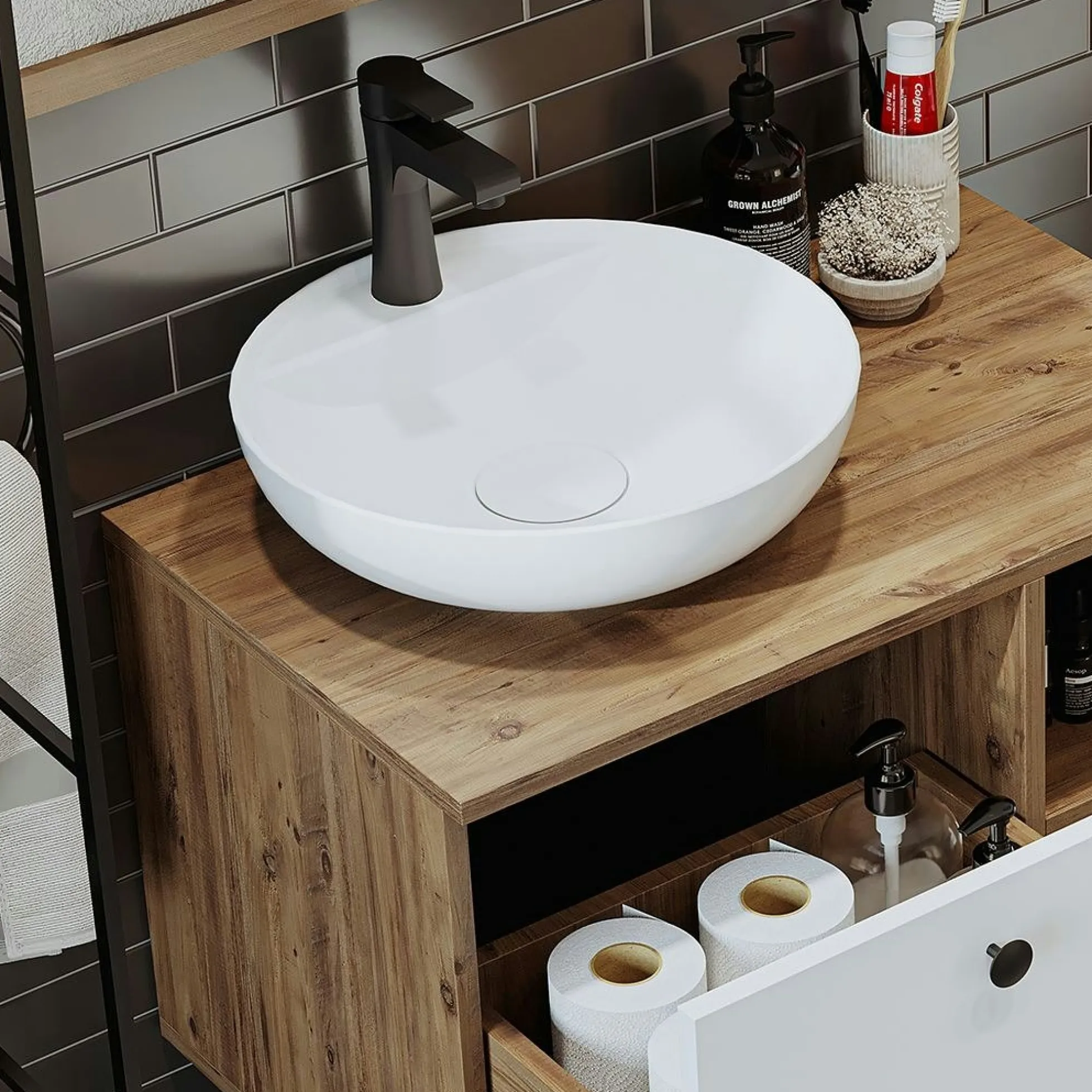 Meuble vasque rond décor pin et blanc 1 tiroir TIMA