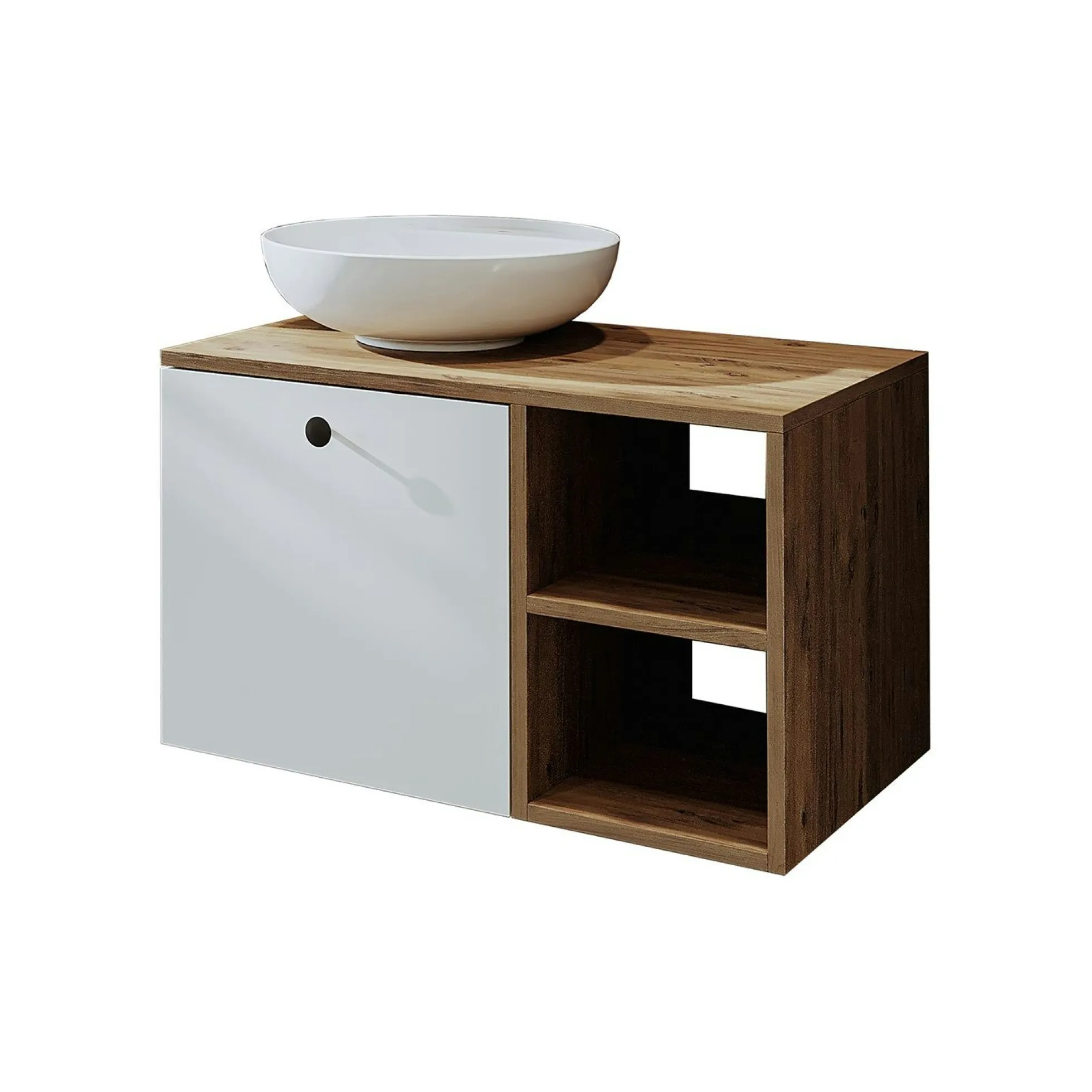 Meuble vasque rond décor pin et blanc 1 tiroir TIMA