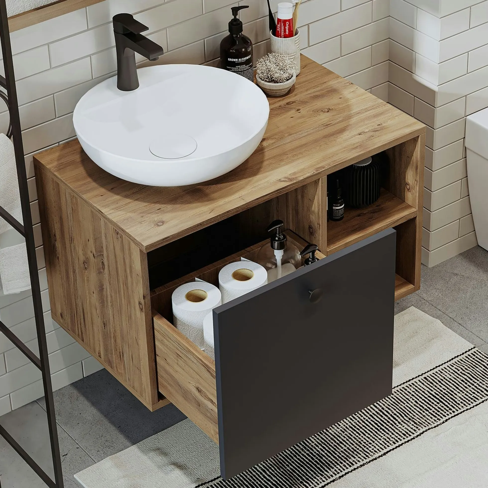 Meuble vasque rond décor pin et gris 1 tiroir TIMA