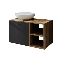Meuble vasque rond décor pin et gris 1 tiroir TIMA