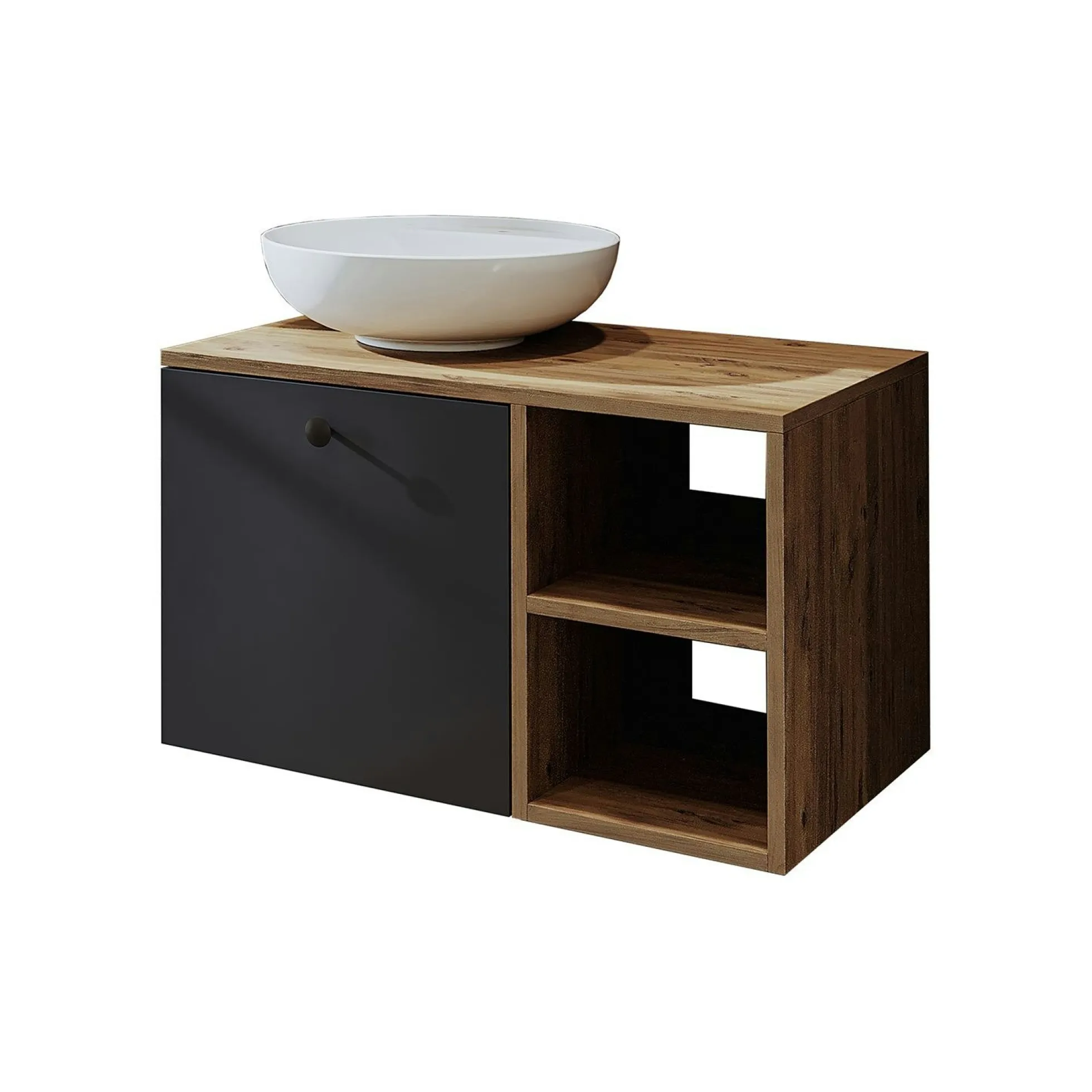 Meuble vasque rond décor pin et gris 1 tiroir TIMA