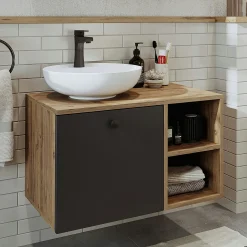 Meuble vasque rond décor pin et gris 1 tiroir TIMA