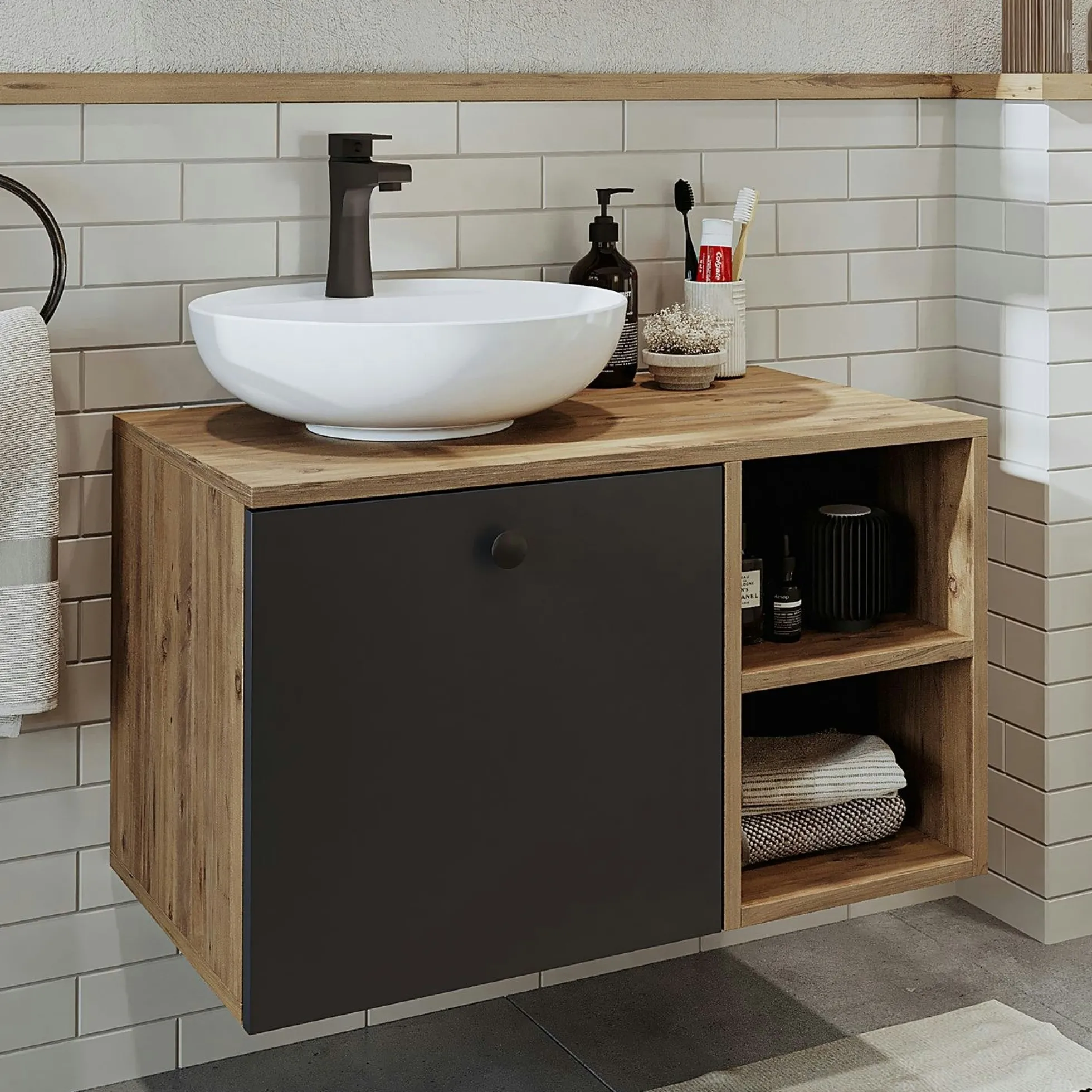 Meuble vasque rond décor pin et gris 1 tiroir TIMA