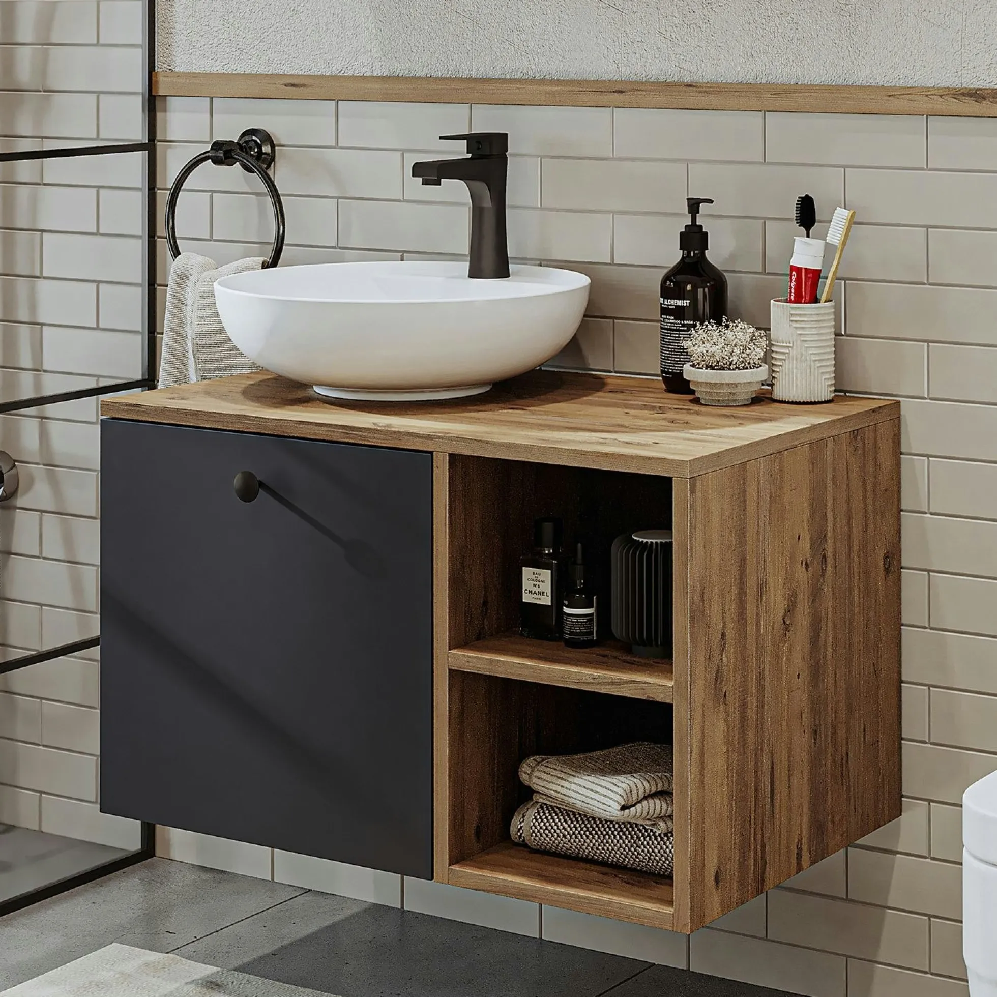 Meuble vasque rond décor pin et gris 1 tiroir TIMA