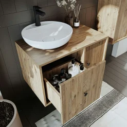 Meuble vasque rond décor pin 1 tiroir 1 porte EBE