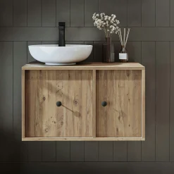 Meuble vasque rond décor pin 1 tiroir 1 porte EBE