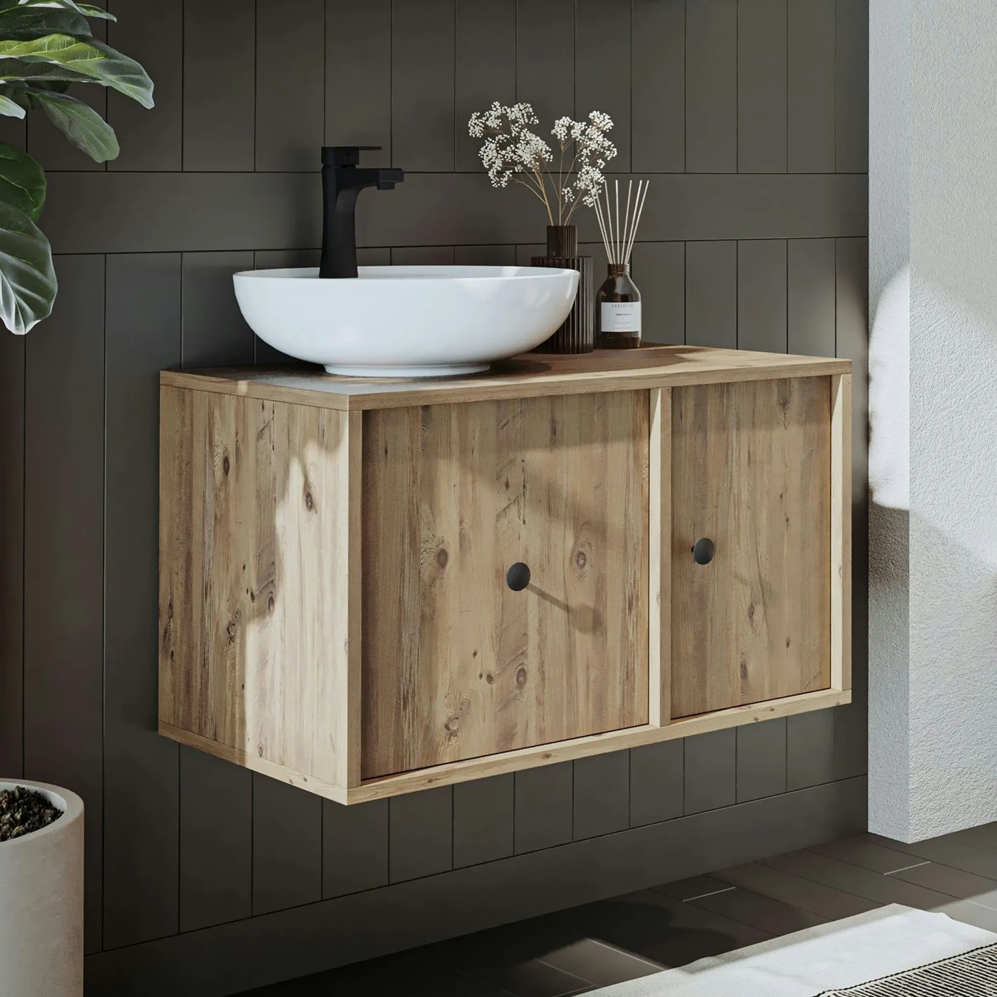 Meuble vasque rond décor pin 1 tiroir 1 porte EBE