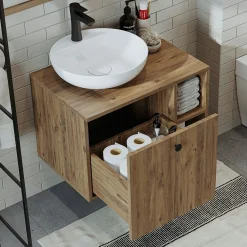 Meuble vasque rond décor pin 1 tiroir RAI