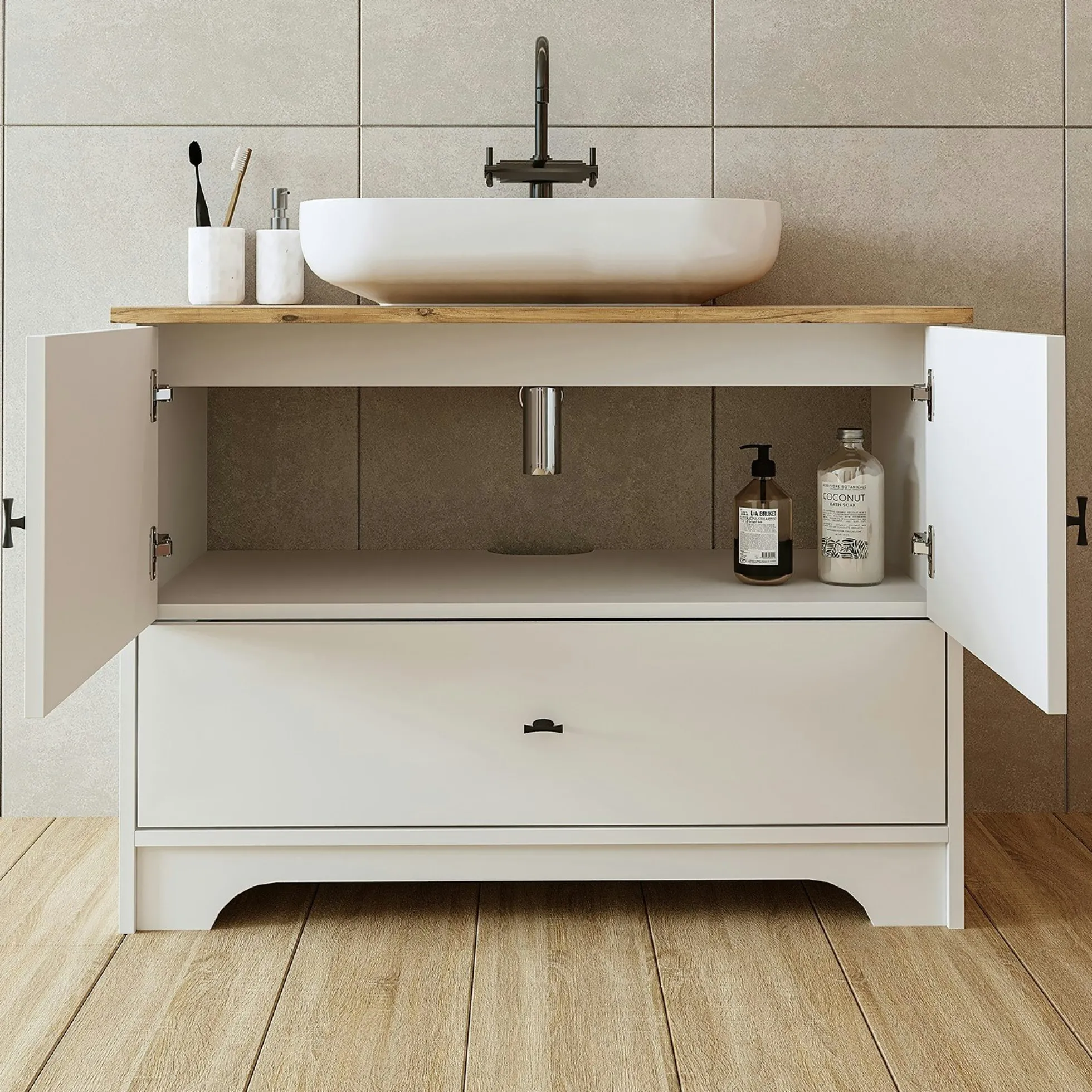 Meuble vasque salle de bains 99 cm blanc 2 portes 1 tiroir DOUNA