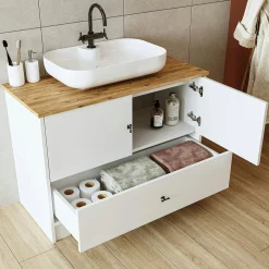 Meuble vasque salle de bains 99 cm blanc 2 portes 1 tiroir DOUNA