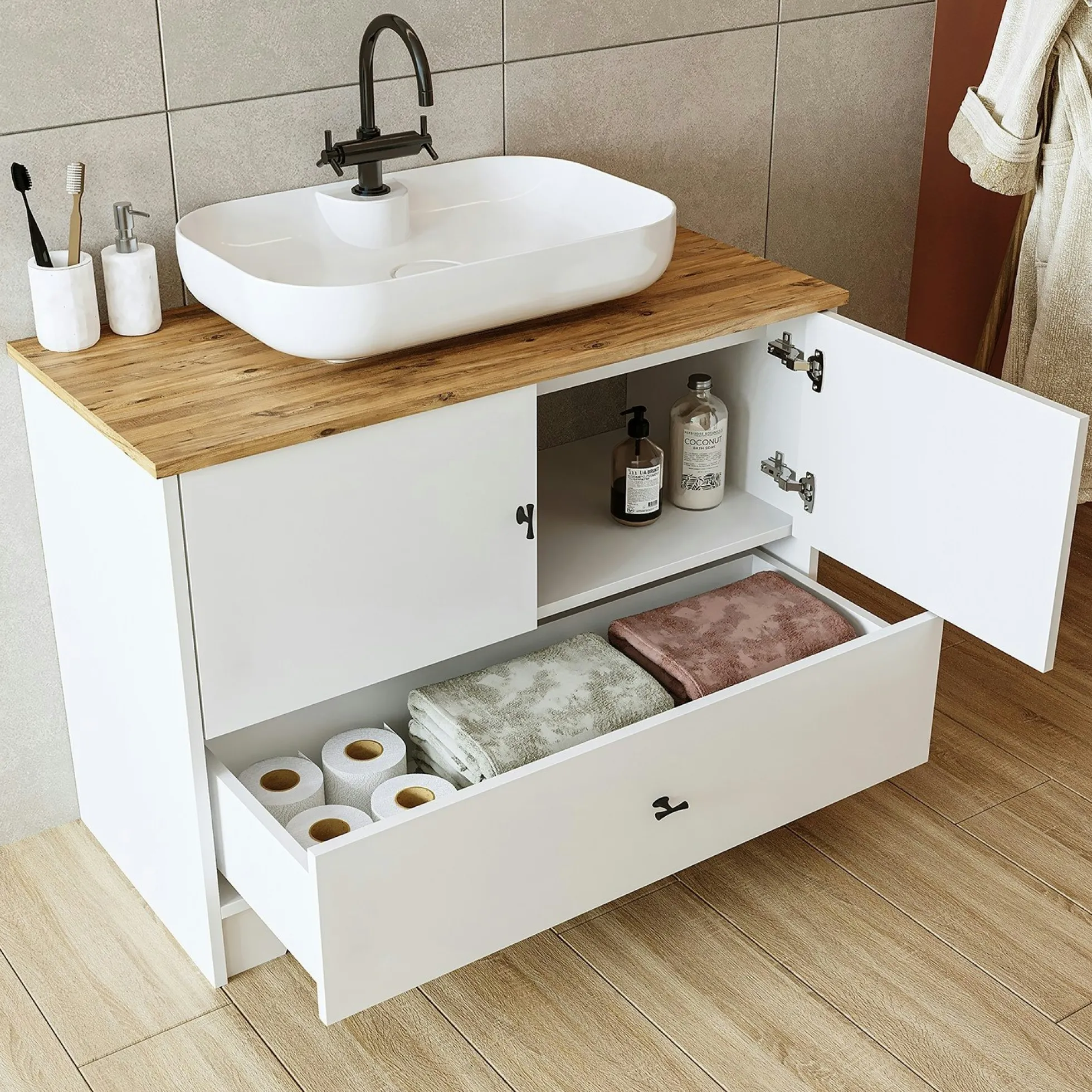 Meuble vasque salle de bains 99 cm blanc 2 portes 1 tiroir DOUNA