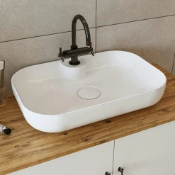 Meuble vasque salle de bains 80 cm blanc 2 portes 1 tiroir DOUNA