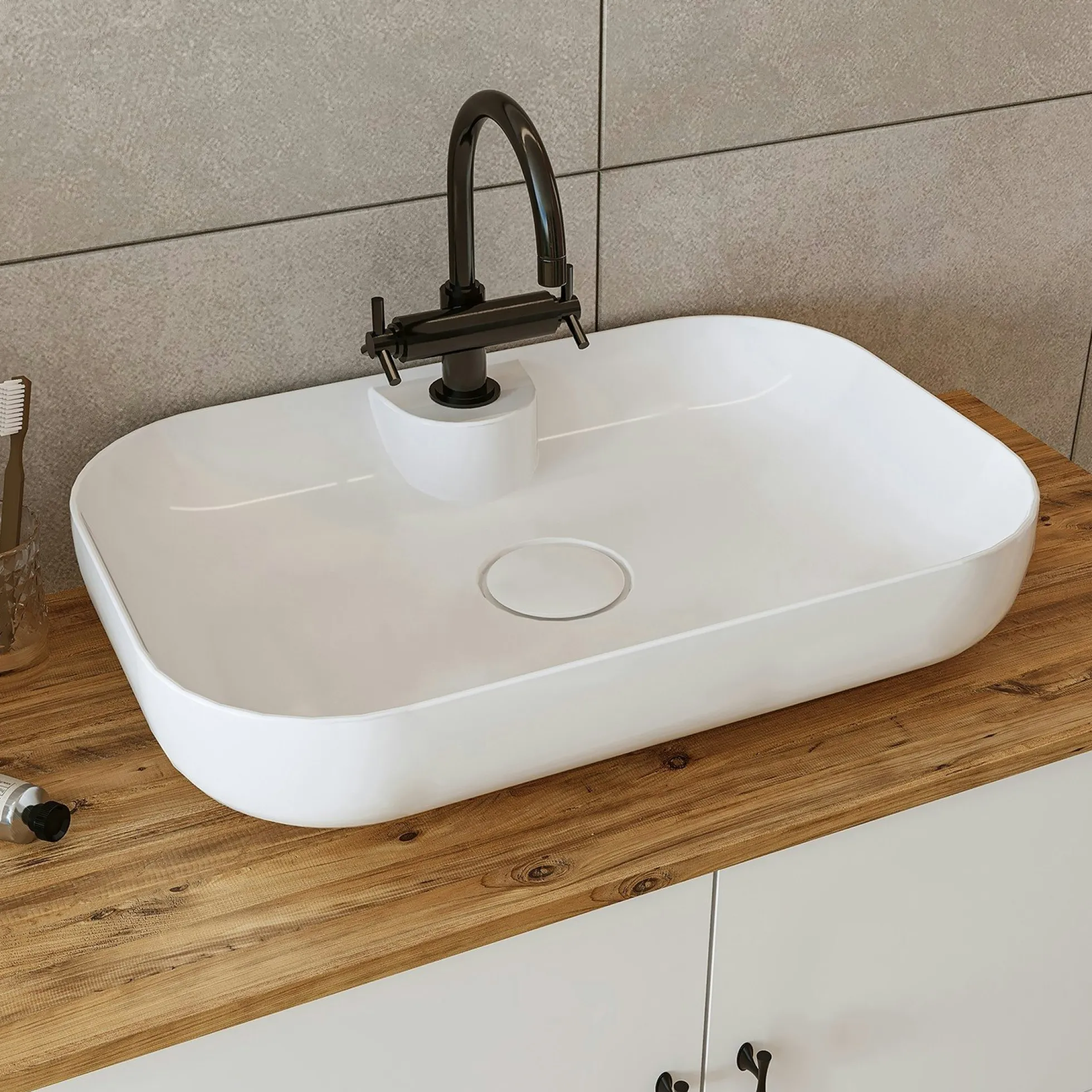 Meuble vasque salle de bains 80 cm blanc 2 portes 1 tiroir DOUNA