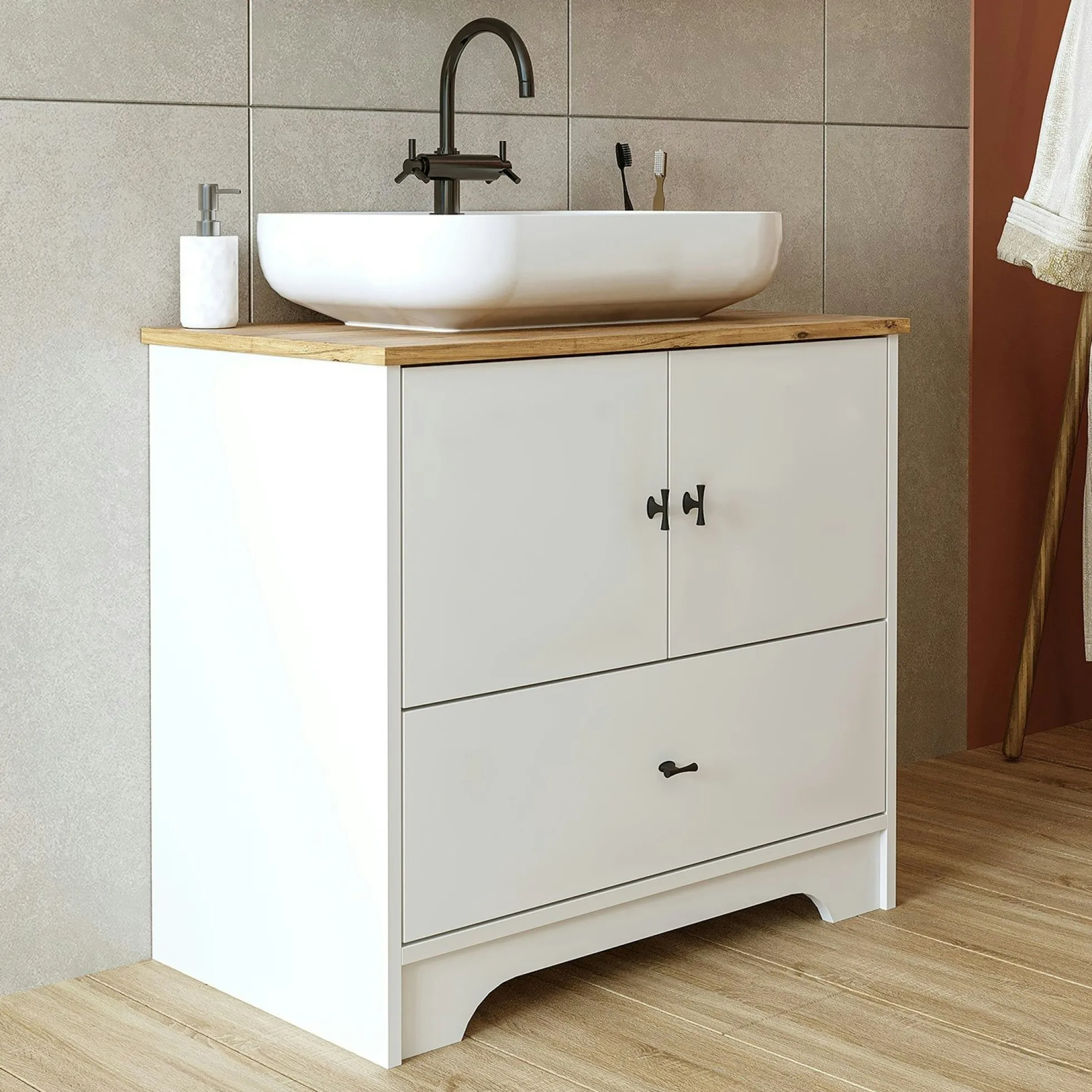 Meuble vasque salle de bains 80 cm blanc 2 portes 1 tiroir DOUNA