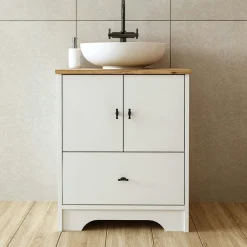 Meuble vasque salle de bains 60 cm blanc 2 portes 1 tiroir DOUNA