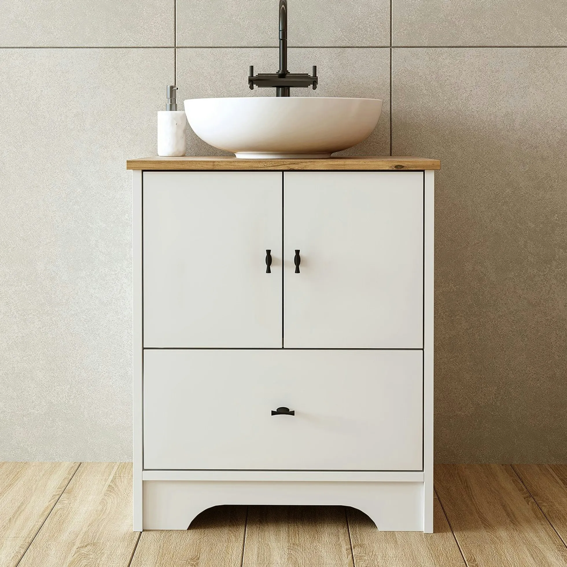 Meuble vasque salle de bains 60 cm blanc 2 portes 1 tiroir DOUNA