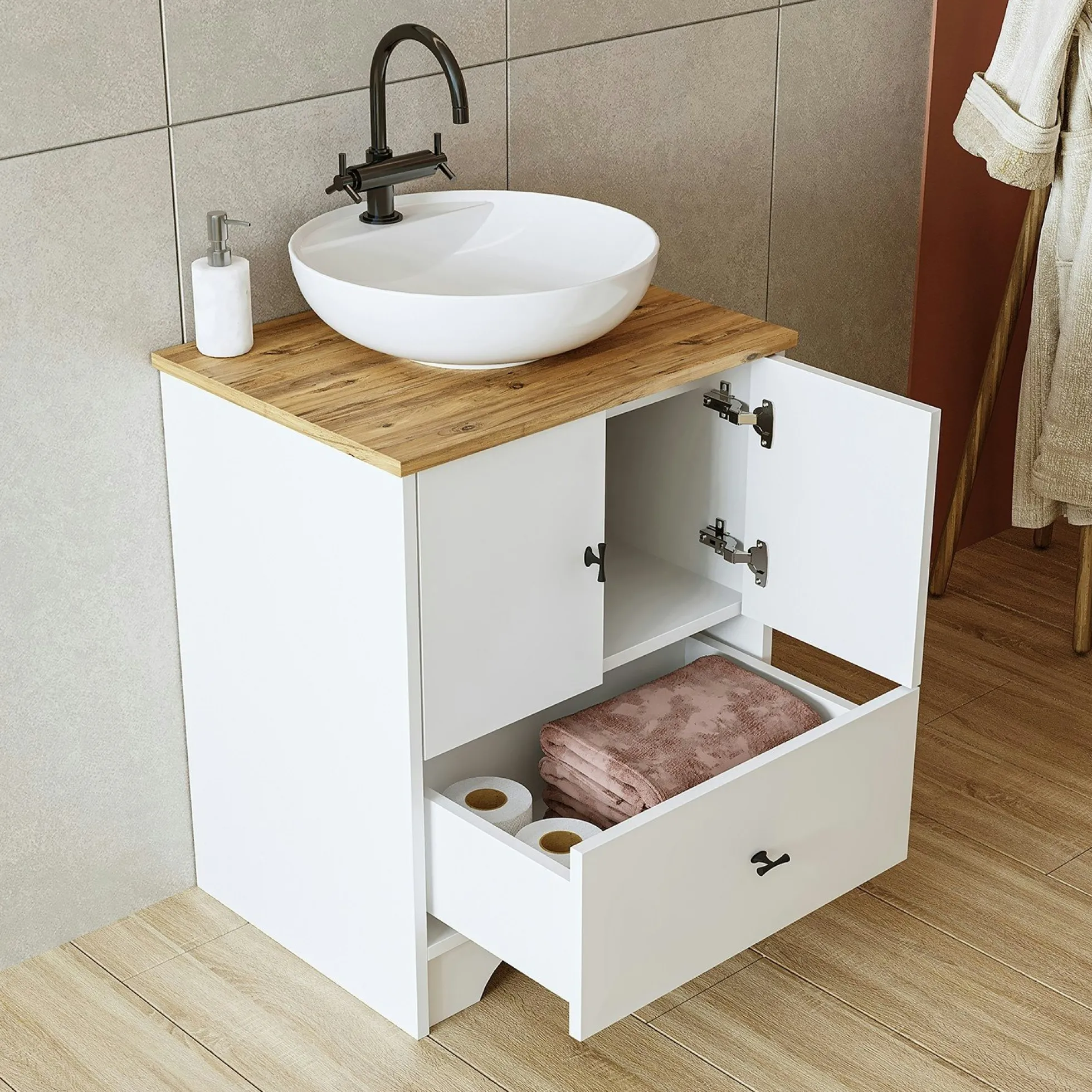 Meuble vasque salle de bains 60 cm blanc 2 portes 1 tiroir DOUNA
