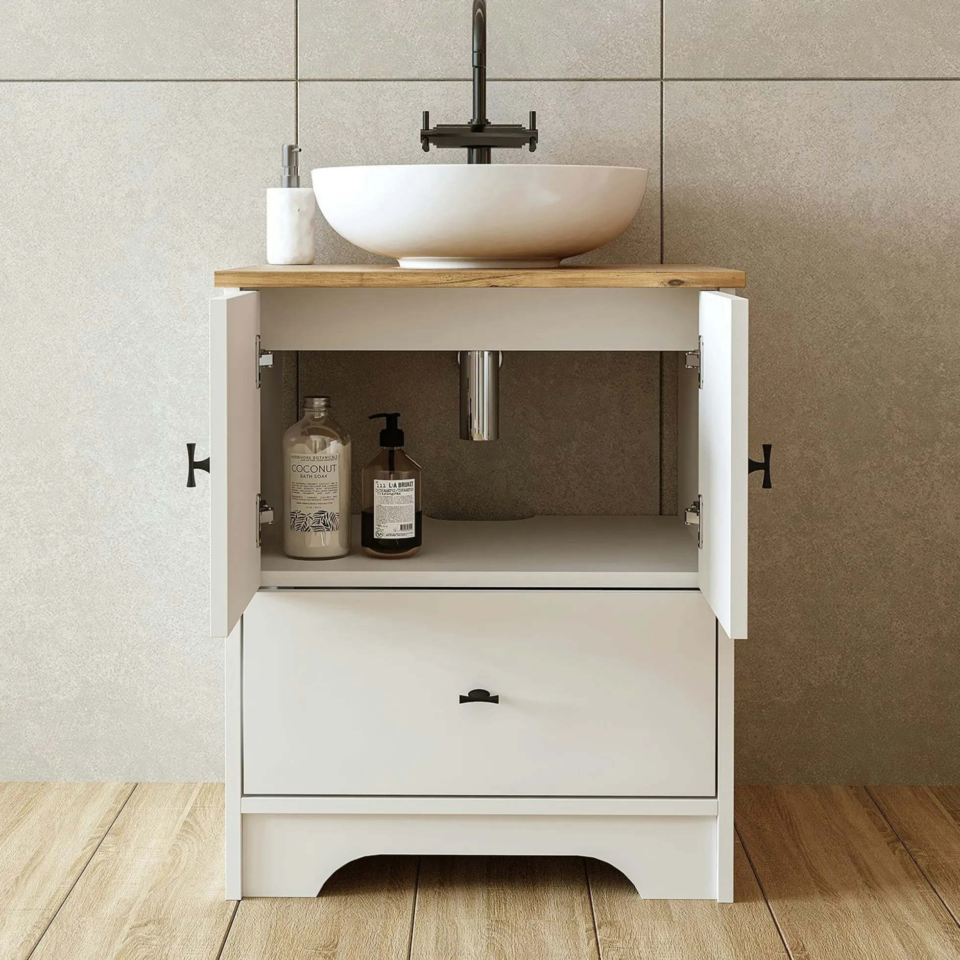 Meuble vasque salle de bains 60 cm blanc 2 portes 1 tiroir DOUNA