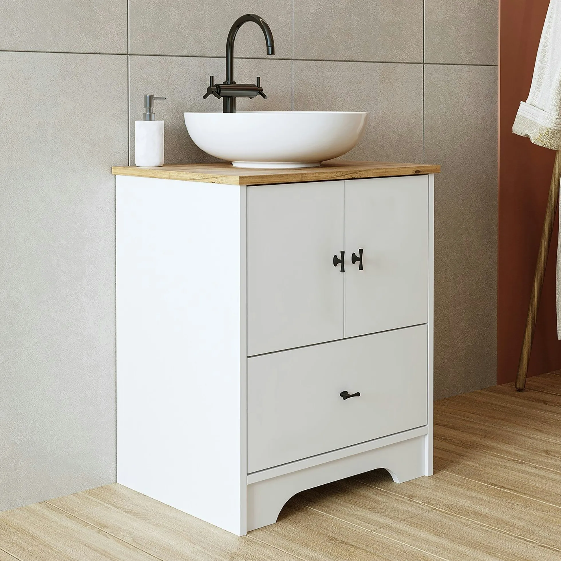 Meuble vasque salle de bains 60 cm blanc 2 portes 1 tiroir DOUNA