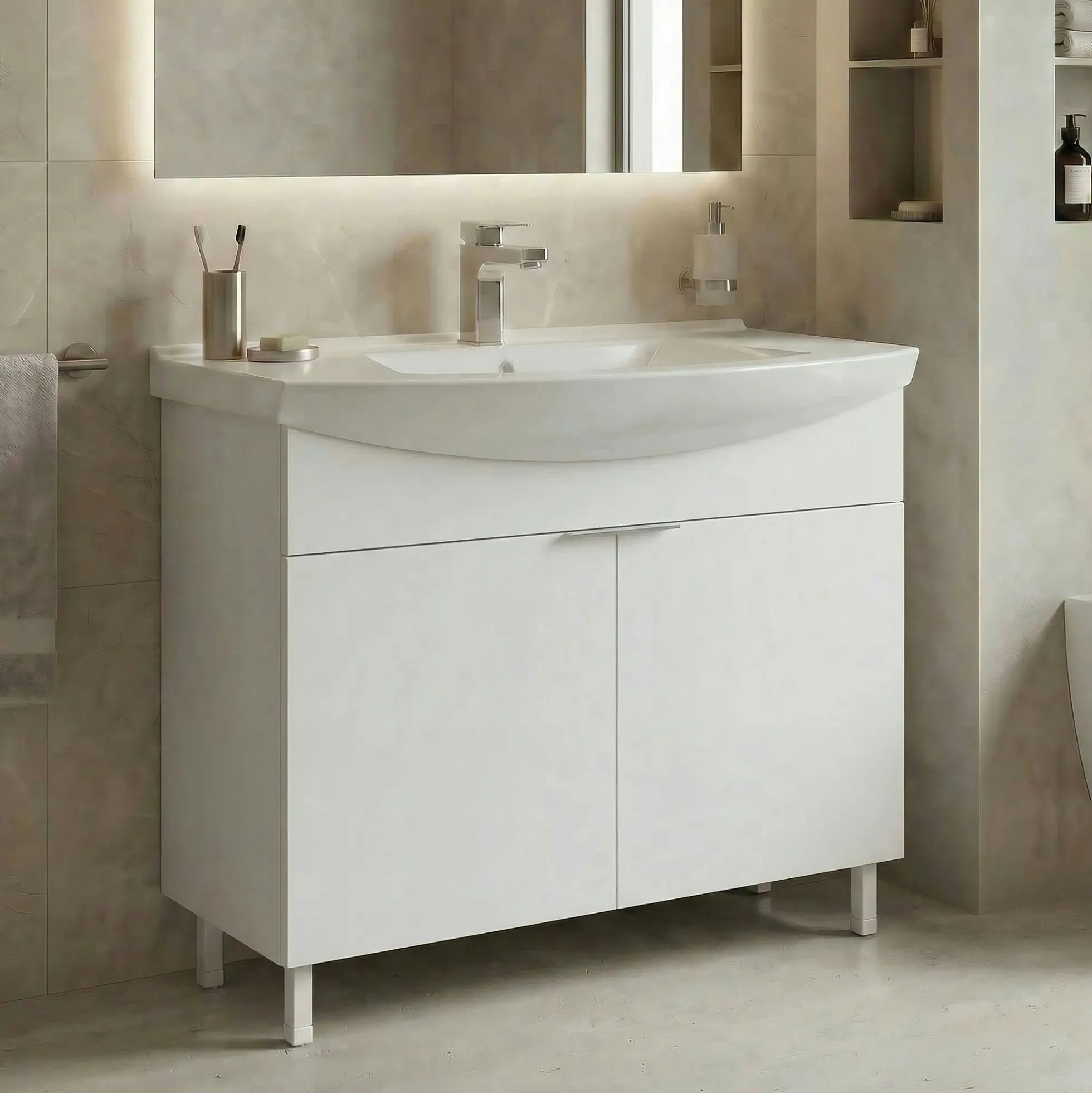 Meuble vasque salle de bains 100 cm blanc 2 portes UMI